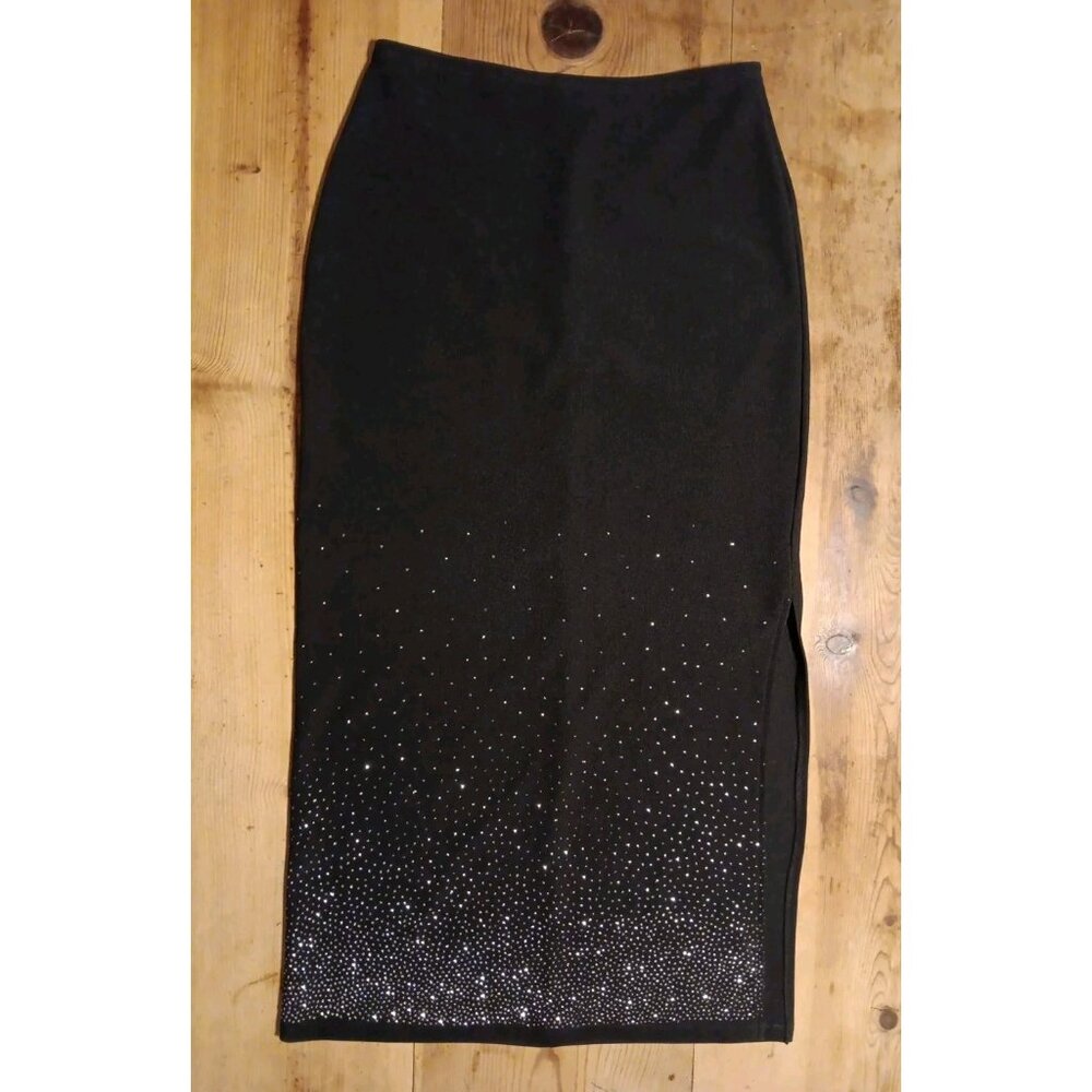 Vtg Y2K Vanity Girl Gear Maxi Skirt Womens 14 Black Sparkle Rhinestone High Slit
